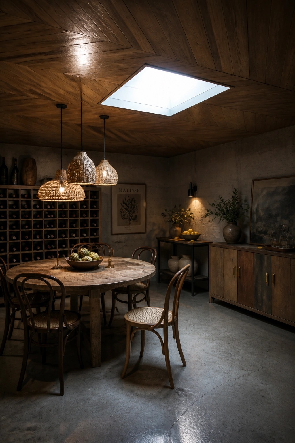 A basement dining area with a herringbone wood ceiling, a round wooden table, woven chairs, and a large skylight.