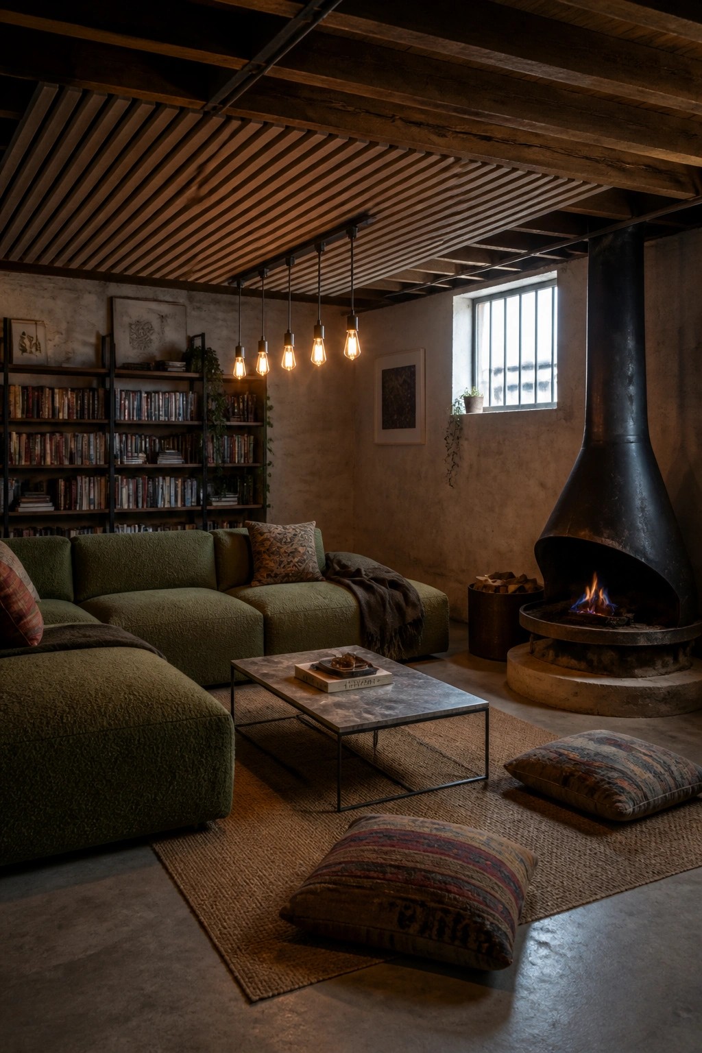 Cozy rustic room with green sectional sofa, fireplace, bookshelves, and hanging lights.