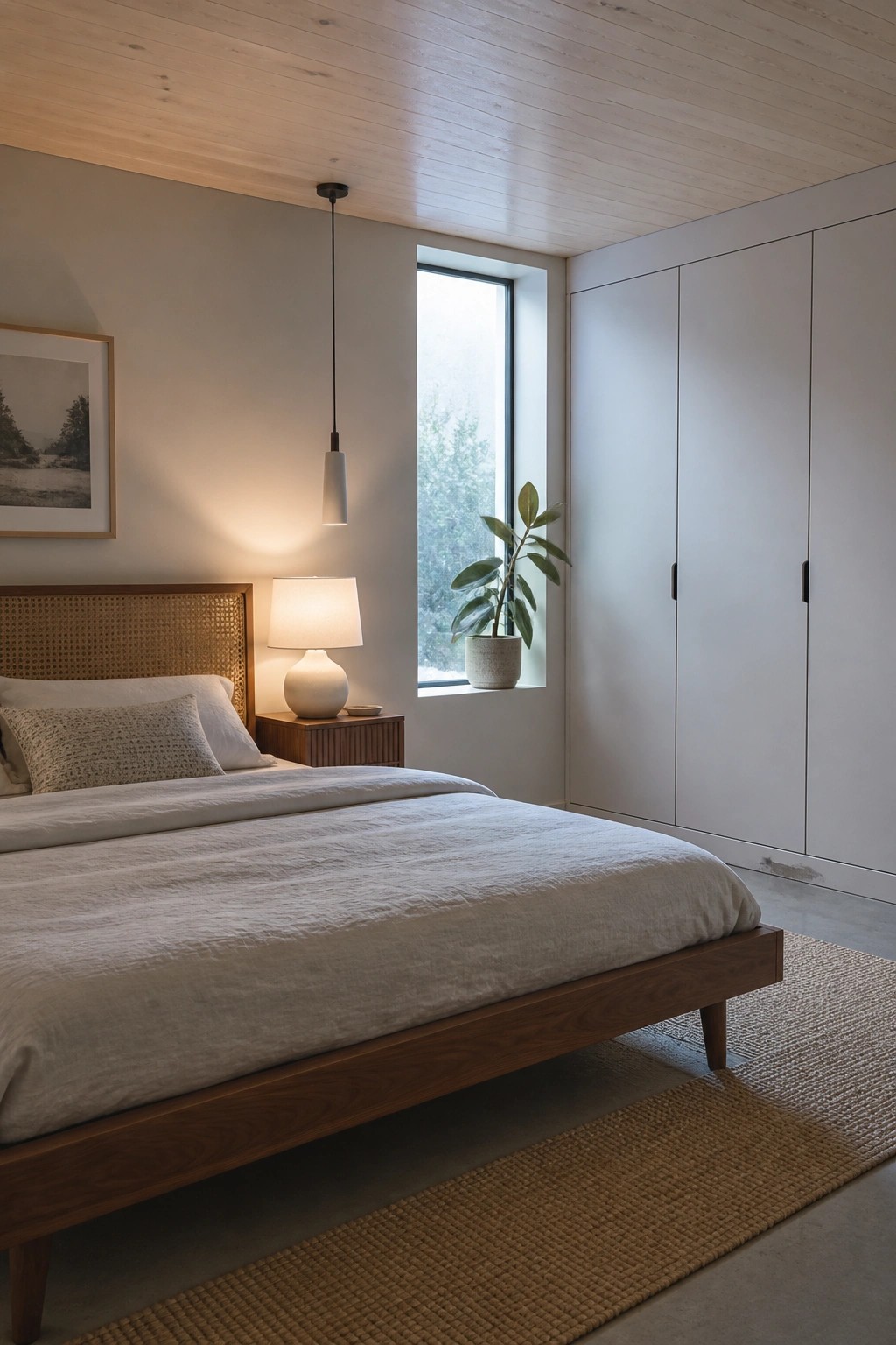 A bedroom interior with light wood plank ceiling, white walls, wooden bed with white linens, and a tall window.