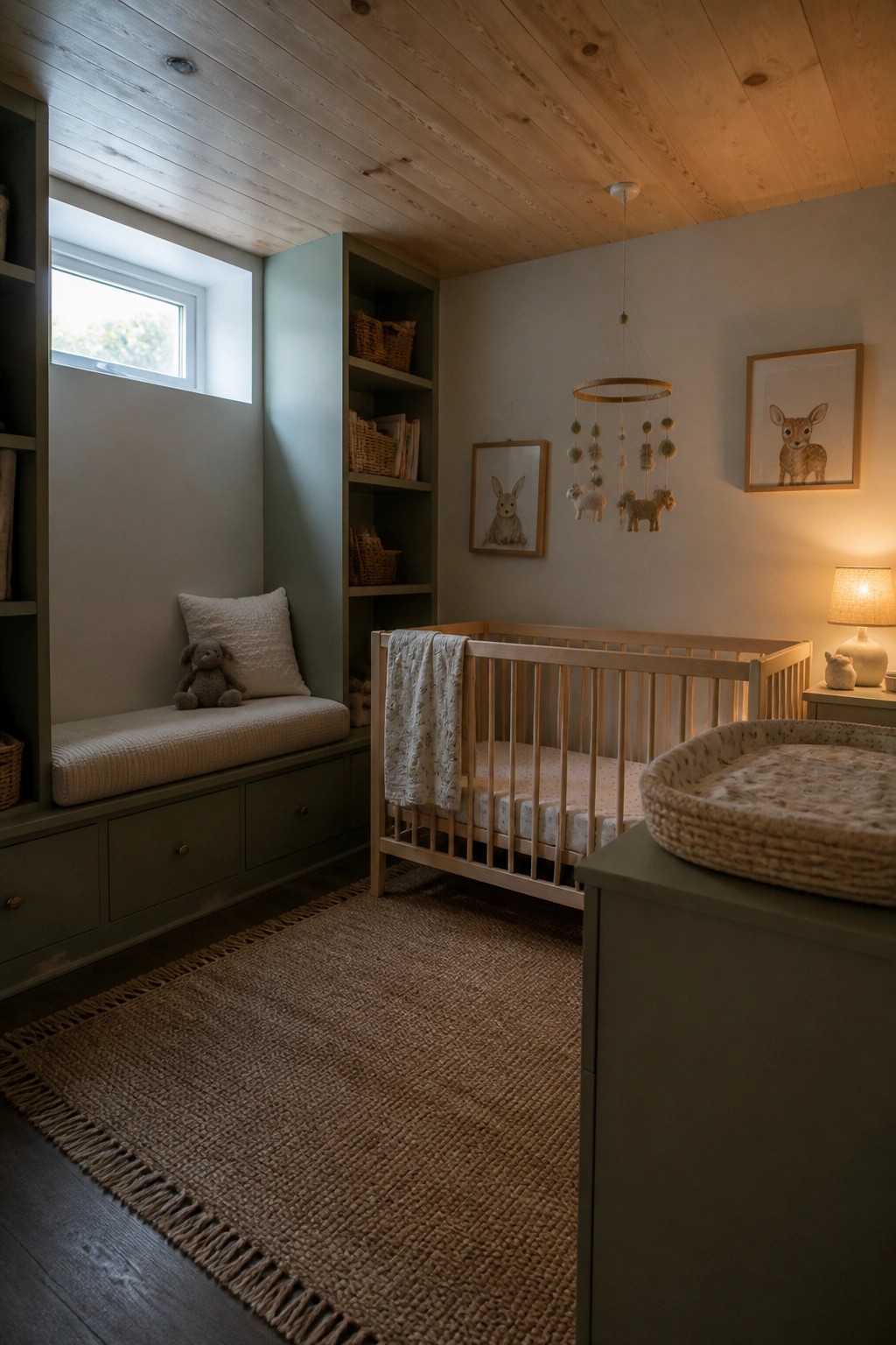 A child's room with a light wood plank ceiling, sage green built-in bench and shelves, a wooden crib, and woven rug on dark flooring.