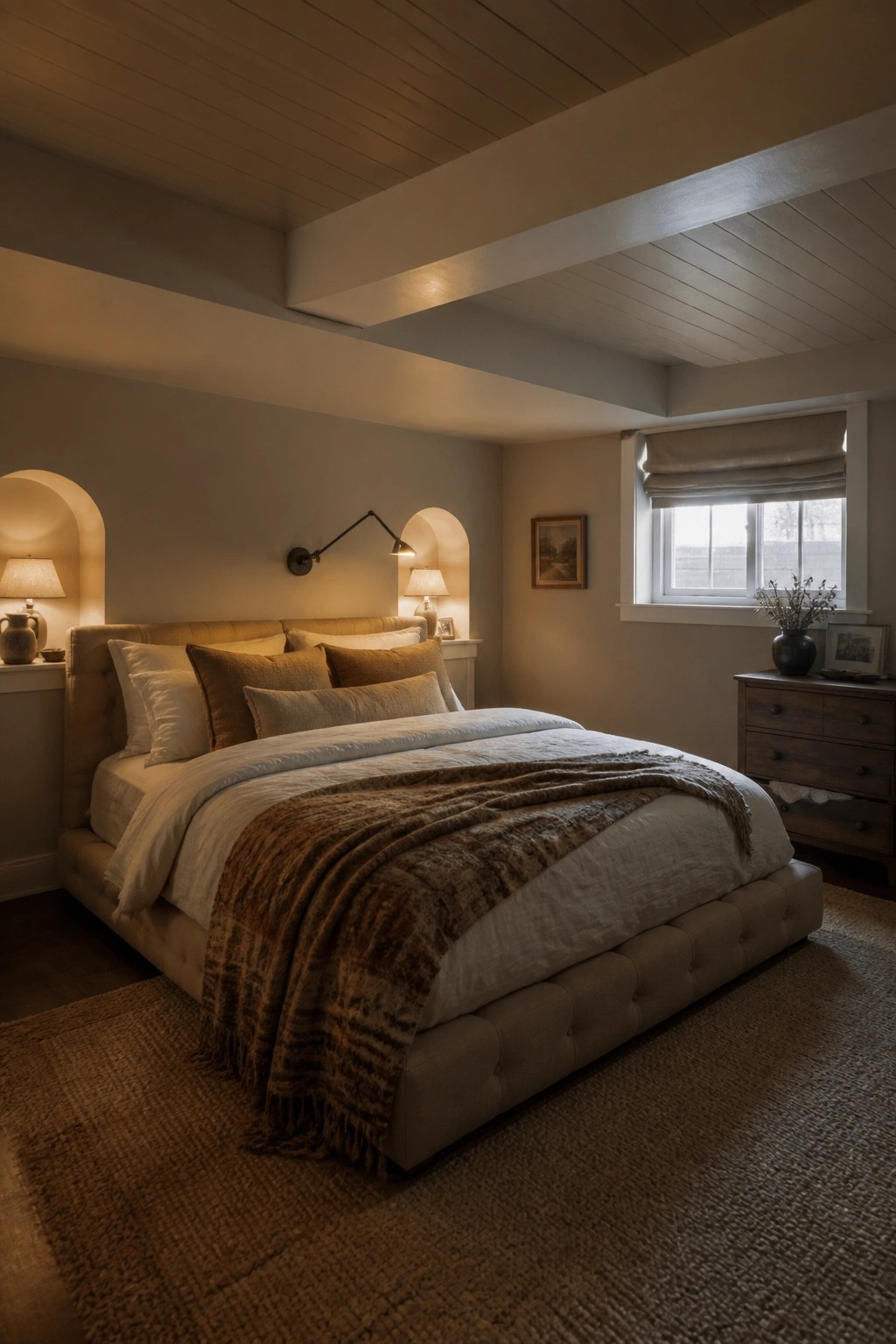 A bedroom interior showing a light wood plank ceiling with an exposed beam, a large upholstered bed with neutral bedding, arched wall niches with lamps, and a window with a rolled shade.