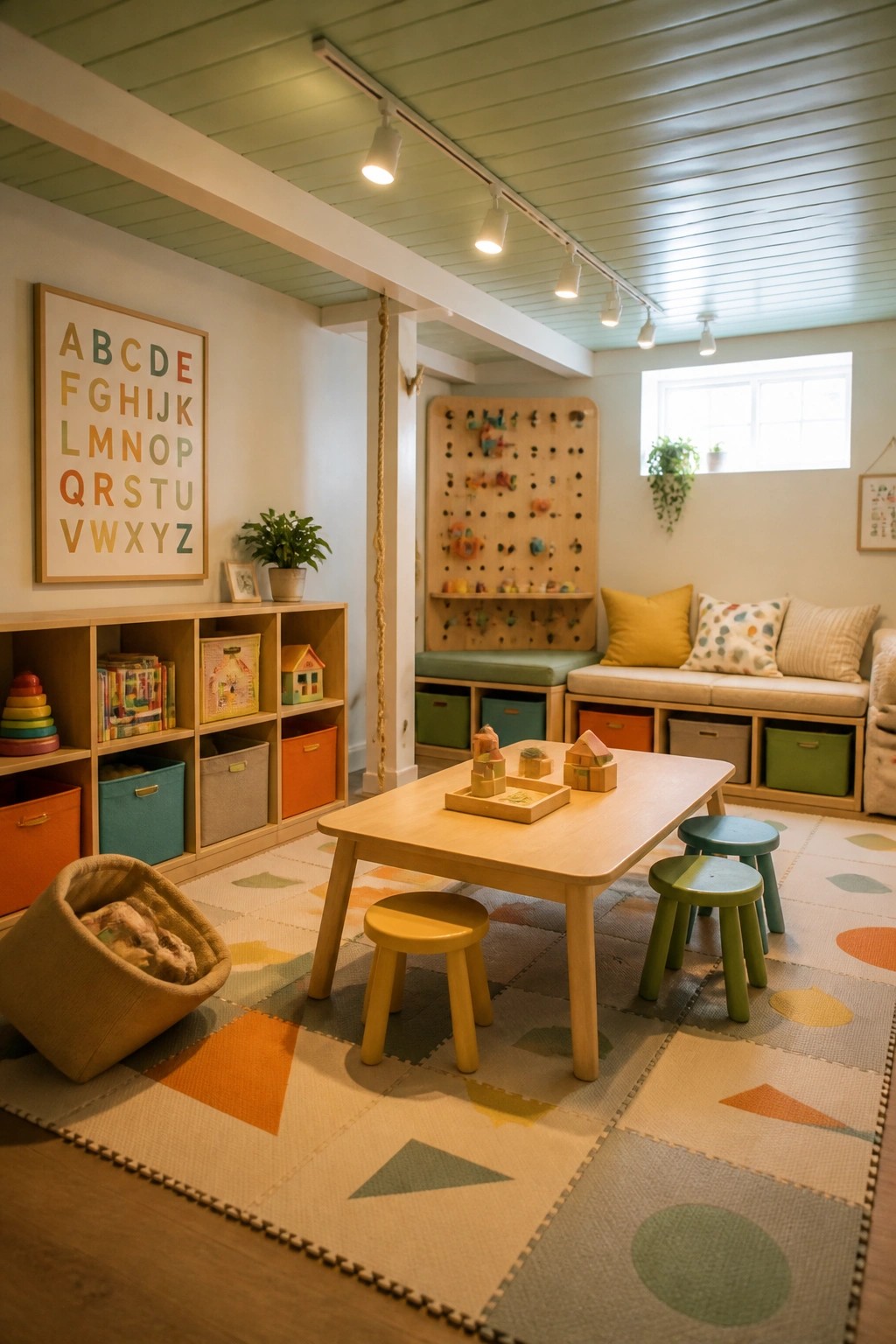 A basement playroom with a light green painted wood ceiling, wooden cubby storage, a low table with stools, and colorful foam floor mats.