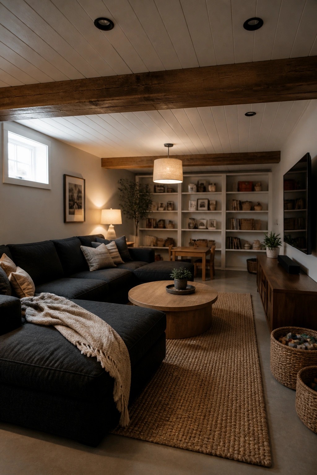 A basement living room with a white wood plank ceiling, a large dark wooden beam, dark sectional sofa, and built-in white shelving.