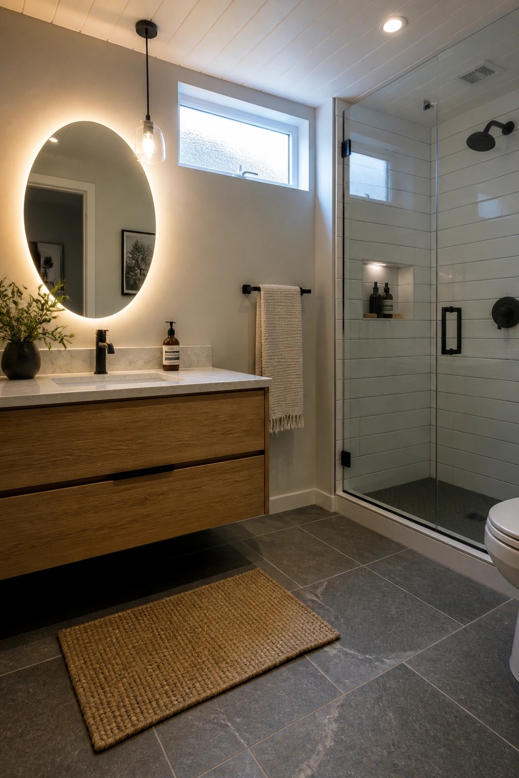 A modern bathroom featuring a white wood plank ceiling, floating oak vanity, backlit round mirror, and glass shower enclosure.