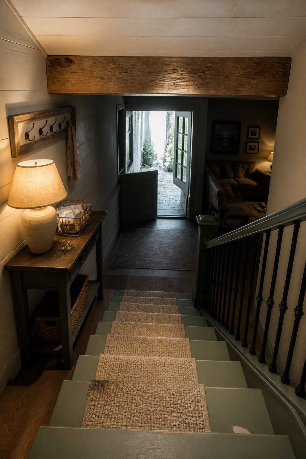 Green staircase with woven runners leading to open front door in entryway