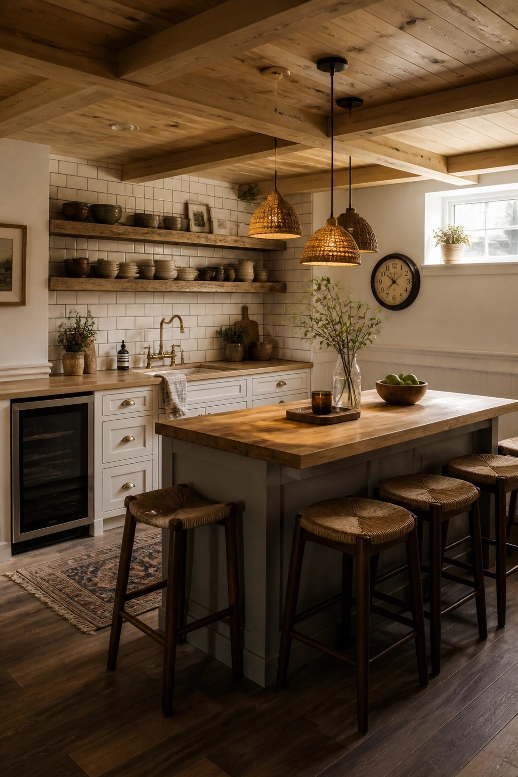 A kitchen interior featuring a wood plank ceiling with exposed beams, white subway tile walls, a wooden island with bar stools, and open shelving with dishware.