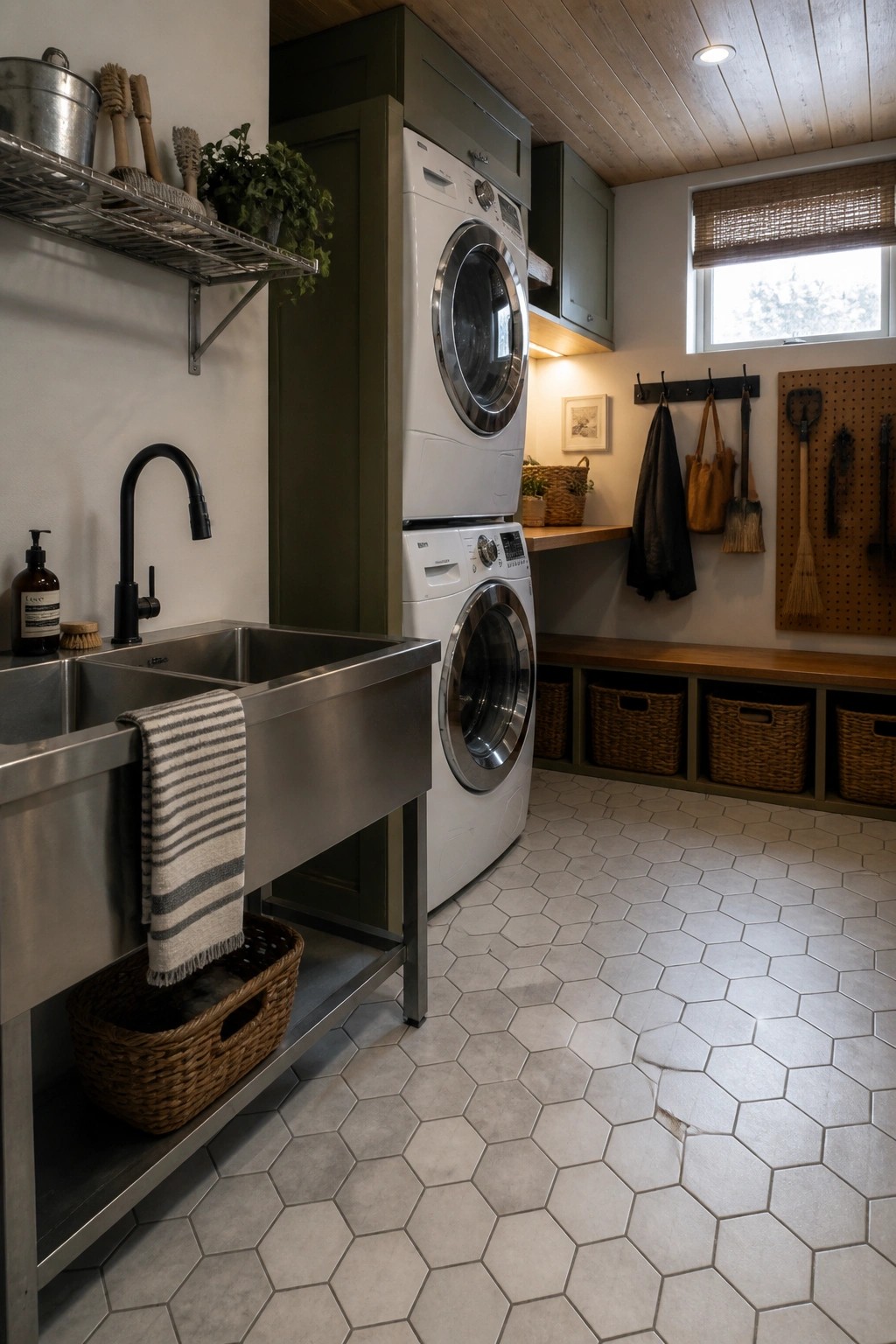 A basement laundry room featuring a light wood plank ceiling, stacked white washer and dryer, stainless steel sink, and storage baskets along the wall.