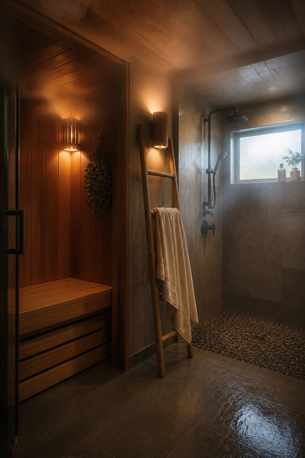 Sauna with wooden bench beside tiled shower, towel ladder, and pebble floor