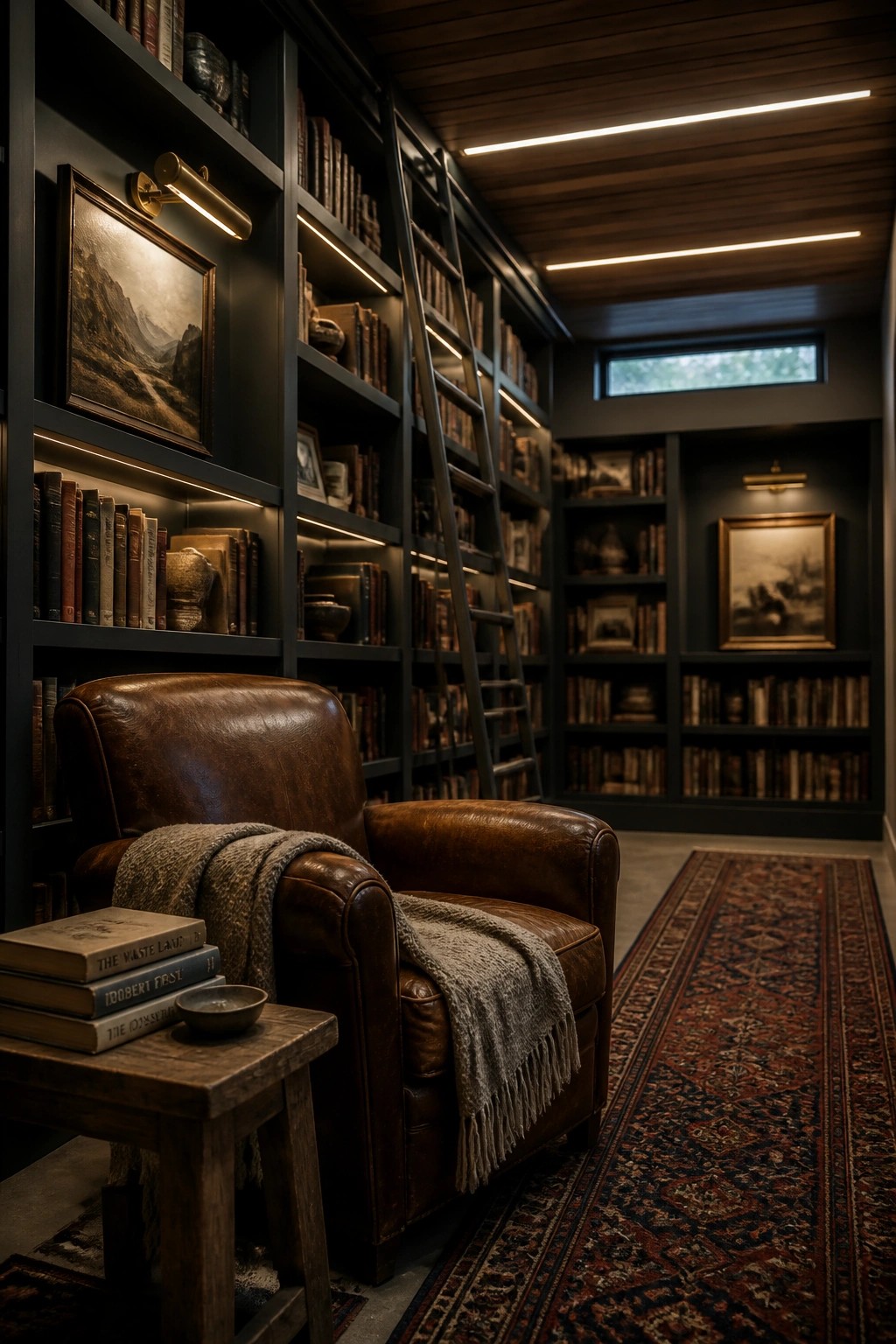 A finished basement library with dark wood plank ceiling, built-in bookshelves, and a brown leather armchair on a patterned rug.