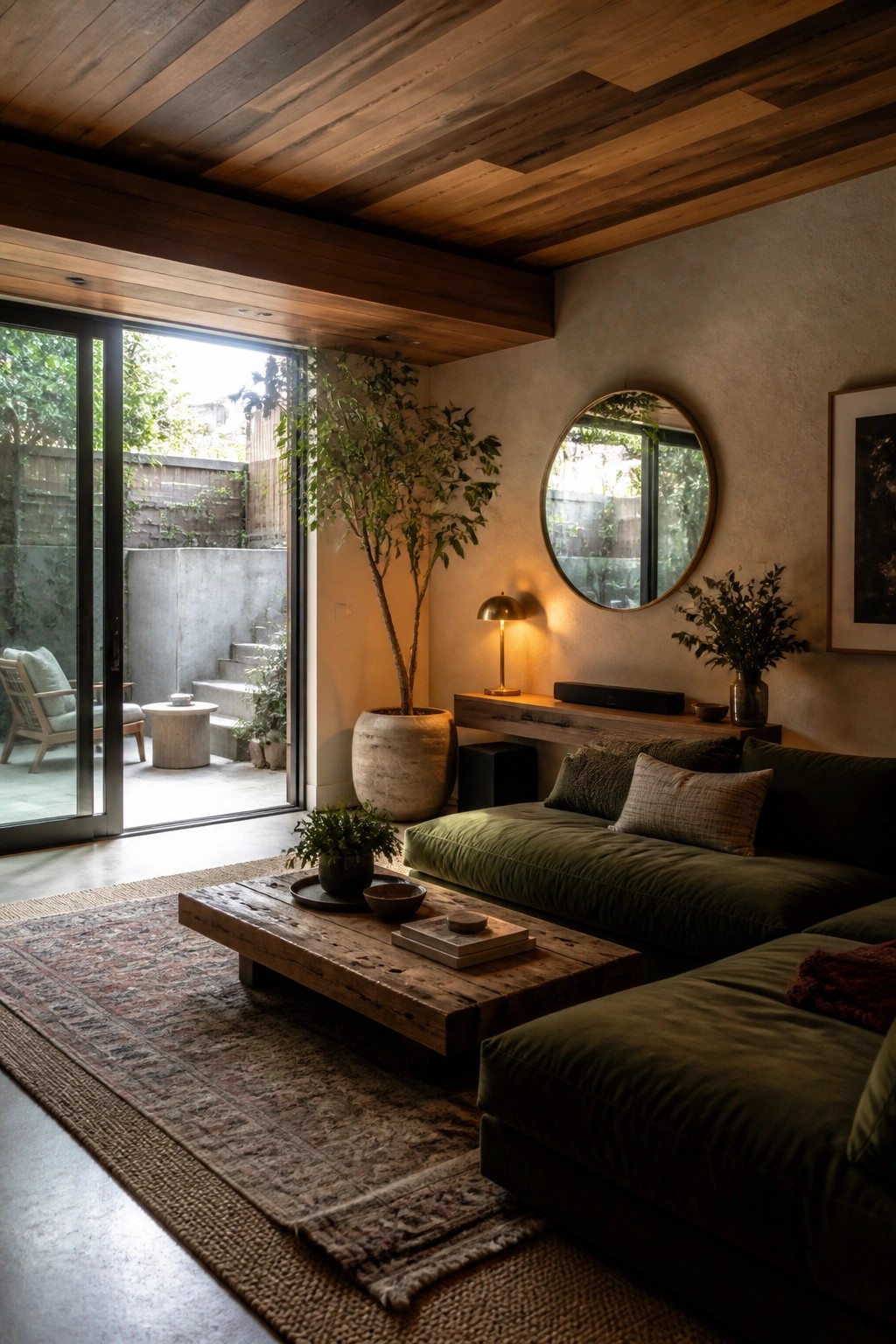 A living room interior with a wood plank ceiling, green sectional sofa, wooden coffee table on a patterned rug, round mirror on a textured wall, and open glass doors to an outdoor patio area.