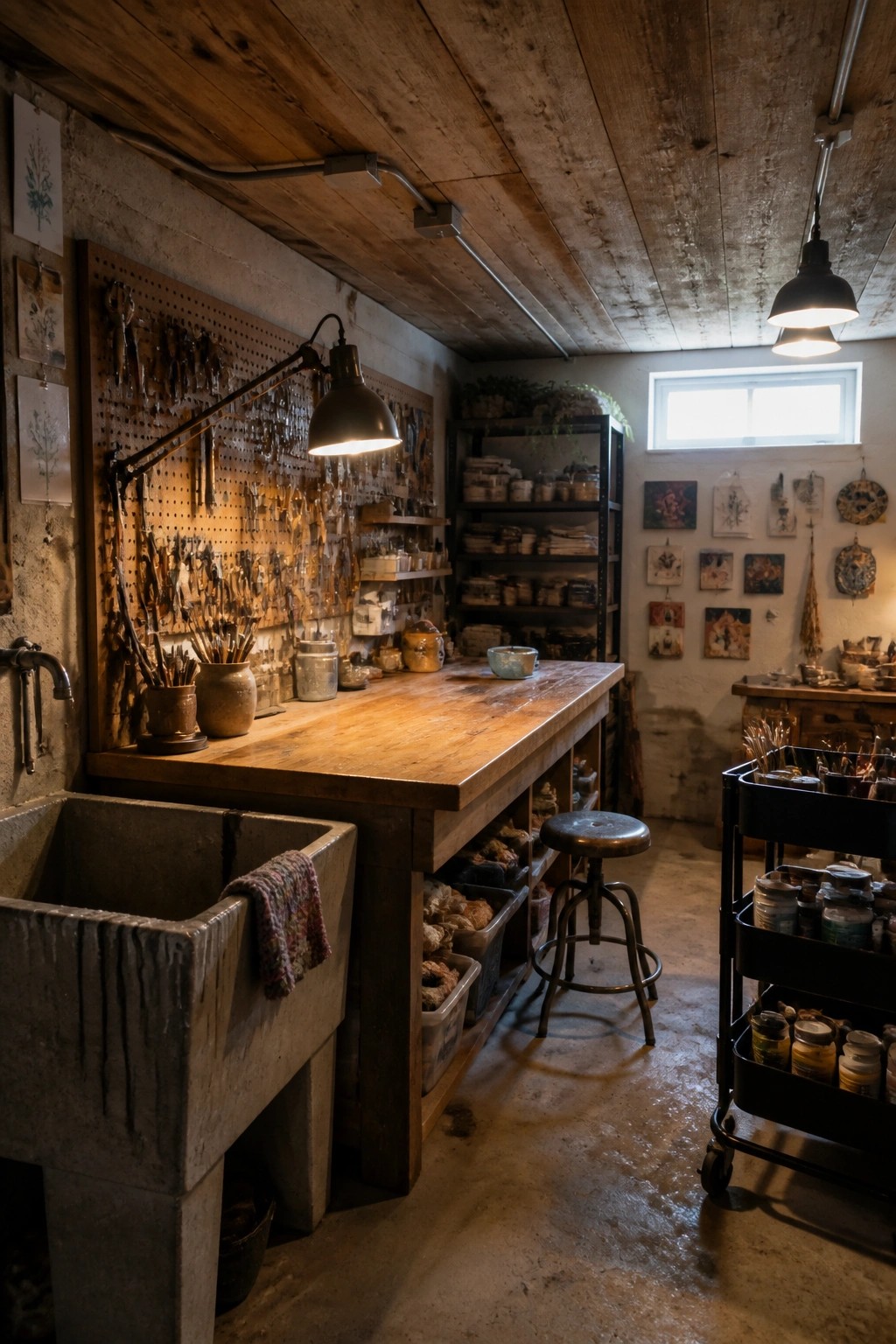 A basement workshop featuring a wooden plank ceiling, a large wooden workbench, and tools hanging on a pegboard wall.