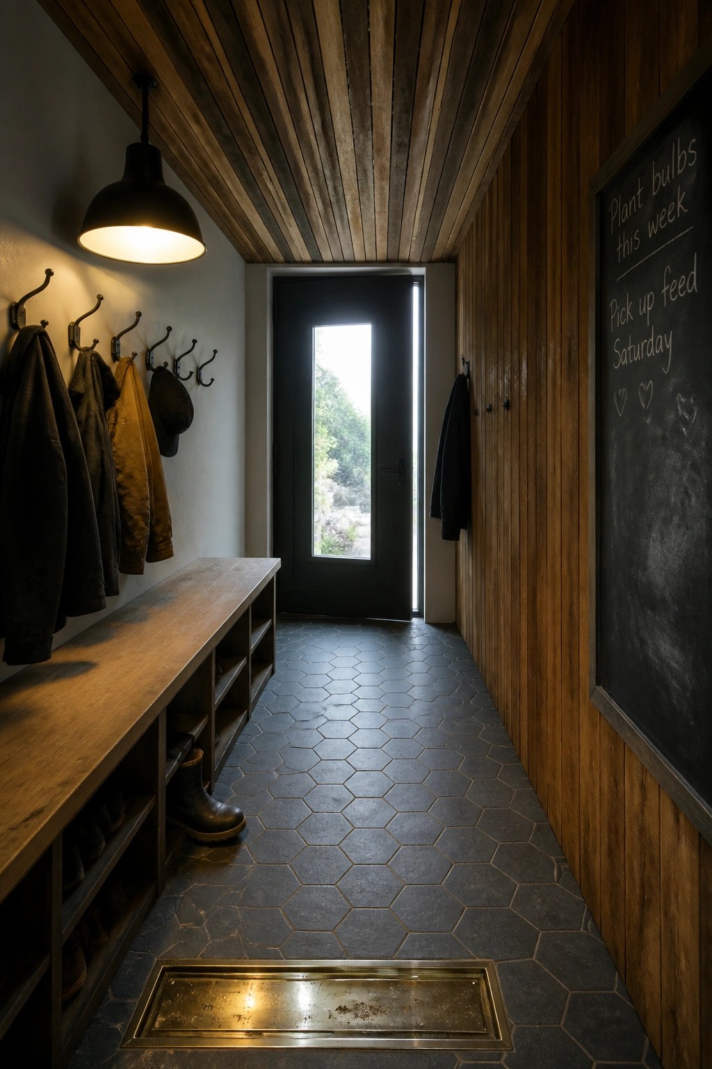 A narrow interior hallway featuring a wooden plank ceiling, built-in wooden bench with coat hooks, black door at the end, and a chalkboard on the right wall.