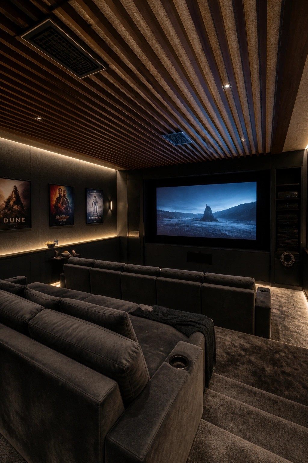 A basement home theater with a wood slat ceiling, dark sectional seating facing a large projection screen, and movie posters on the side wall.