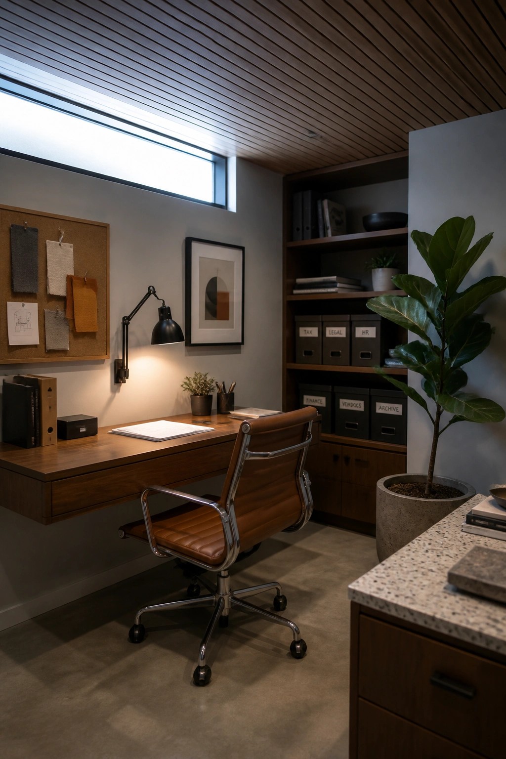 A basement office with a wood slat ceiling, floating wood desk, brown leather office chair, and built-in shelving with labeled storage bins.