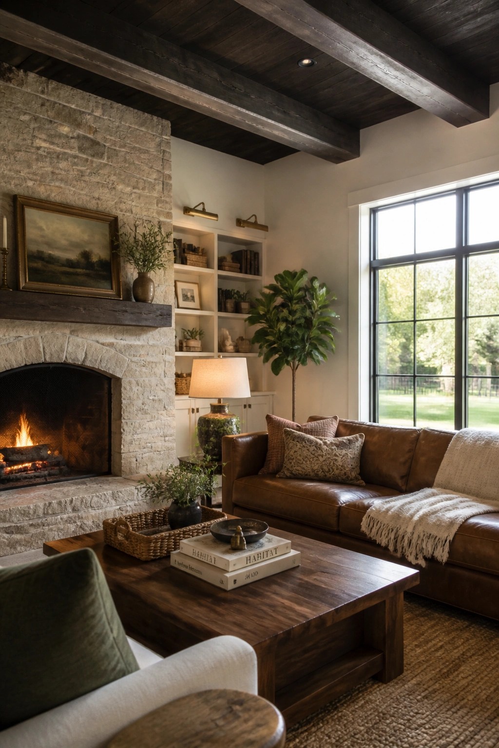 A living room with dark wood ceiling beams, a stone fireplace, and a brown leather sofa.