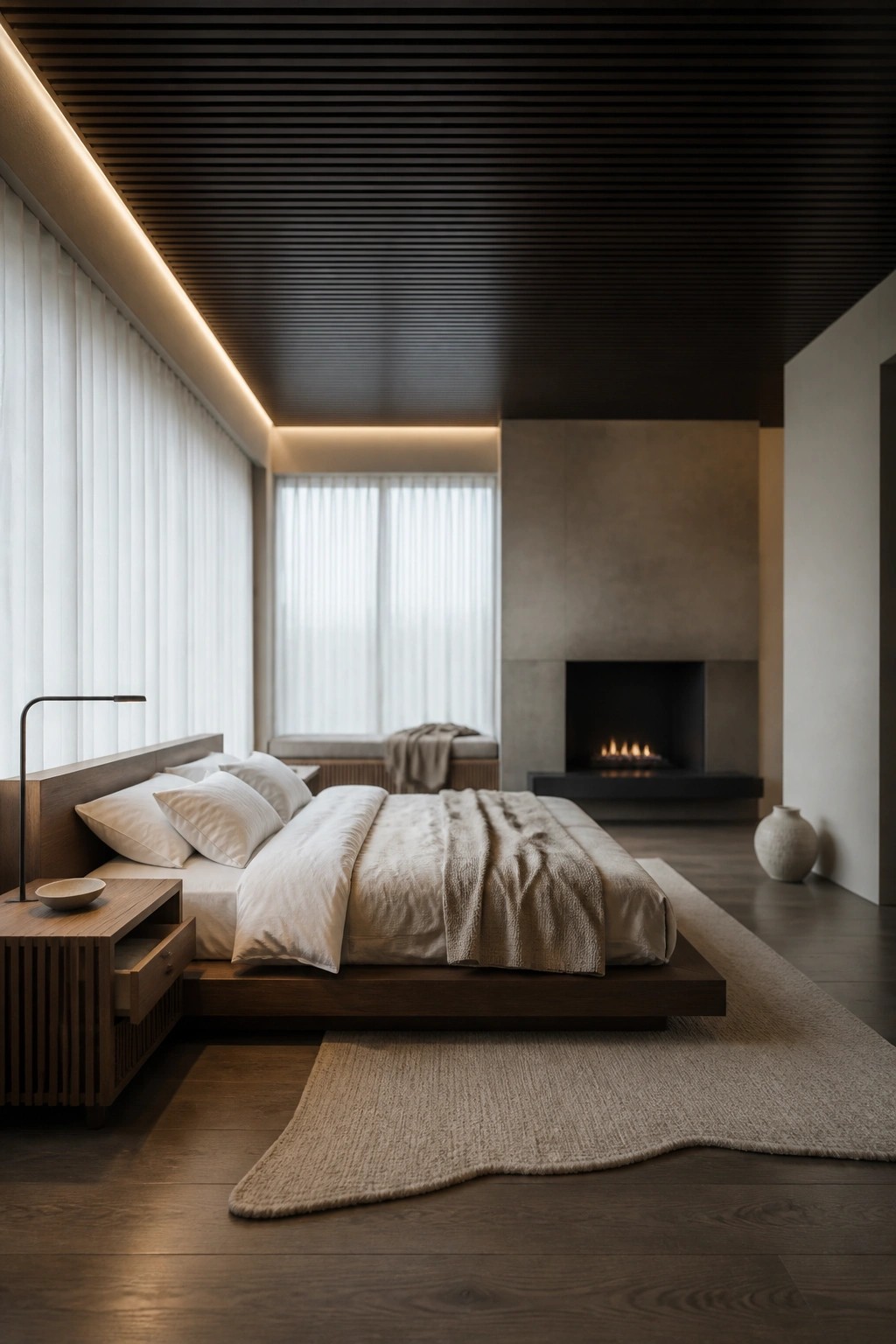 A bedroom with a dark slatted wood ceiling, a low platform bed with white bedding, a wooden nightstand, and a concrete fireplace wall in the background.
