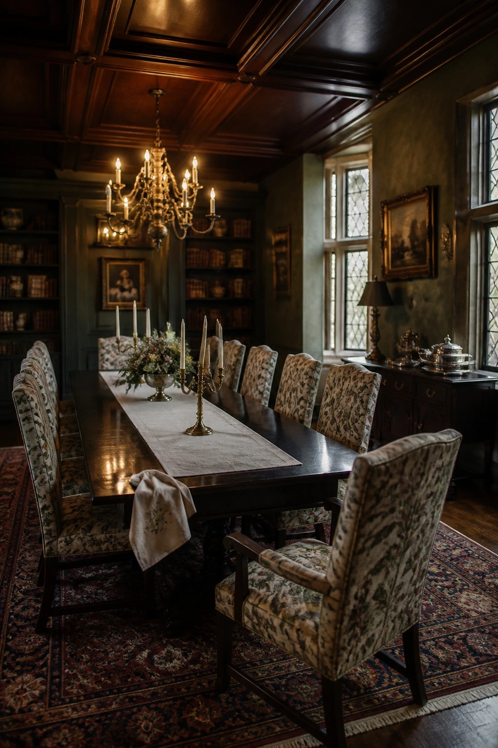 A long dining table with patterned chairs sits under a dark wood coffered ceiling with a lit chandelier in a room lined with bookshelves.