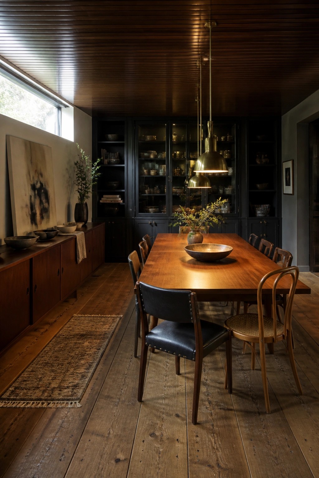 A dining room interior featuring a dark wood slatted ceiling, a long wooden table with mixed chairs, and dark built-in cabinets along one wall.