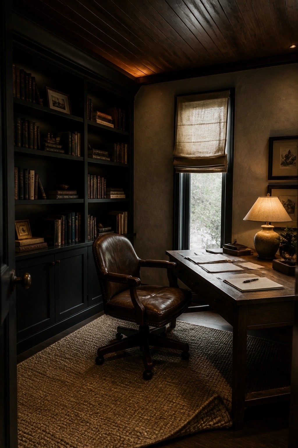 A dimly lit home office features dark built-in bookshelves, a brown leather office chair, a wooden desk with papers, and a dark wood ceiling above a woven rug.