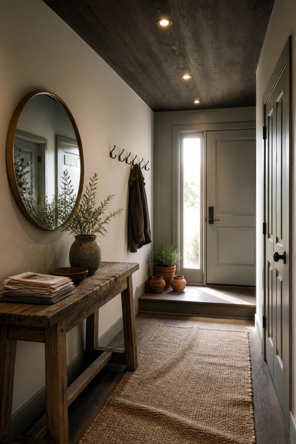 A narrow interior hallway with a dark wood ceiling, light walls, a round mirror, wooden console table with a vase, coat hooks, and a front door with sidelight at the end.