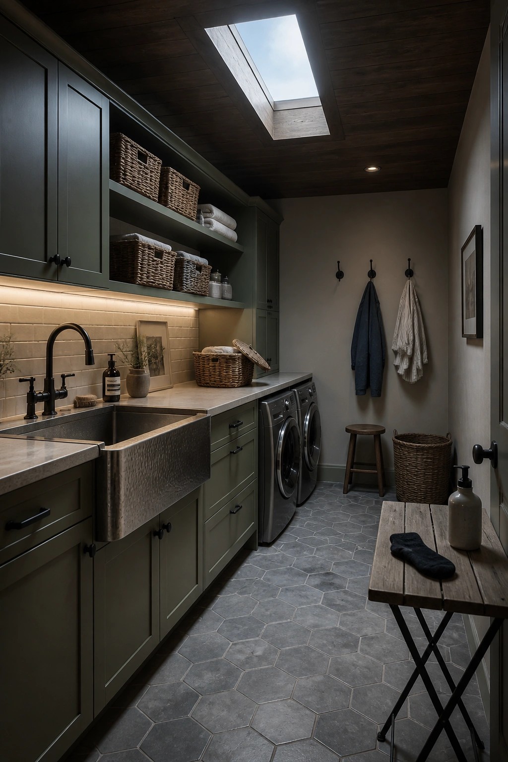 A laundry room with a dark wood ceiling, green cabinetry, a farmhouse sink, two front-loading washing machines, and a skylight overhead.