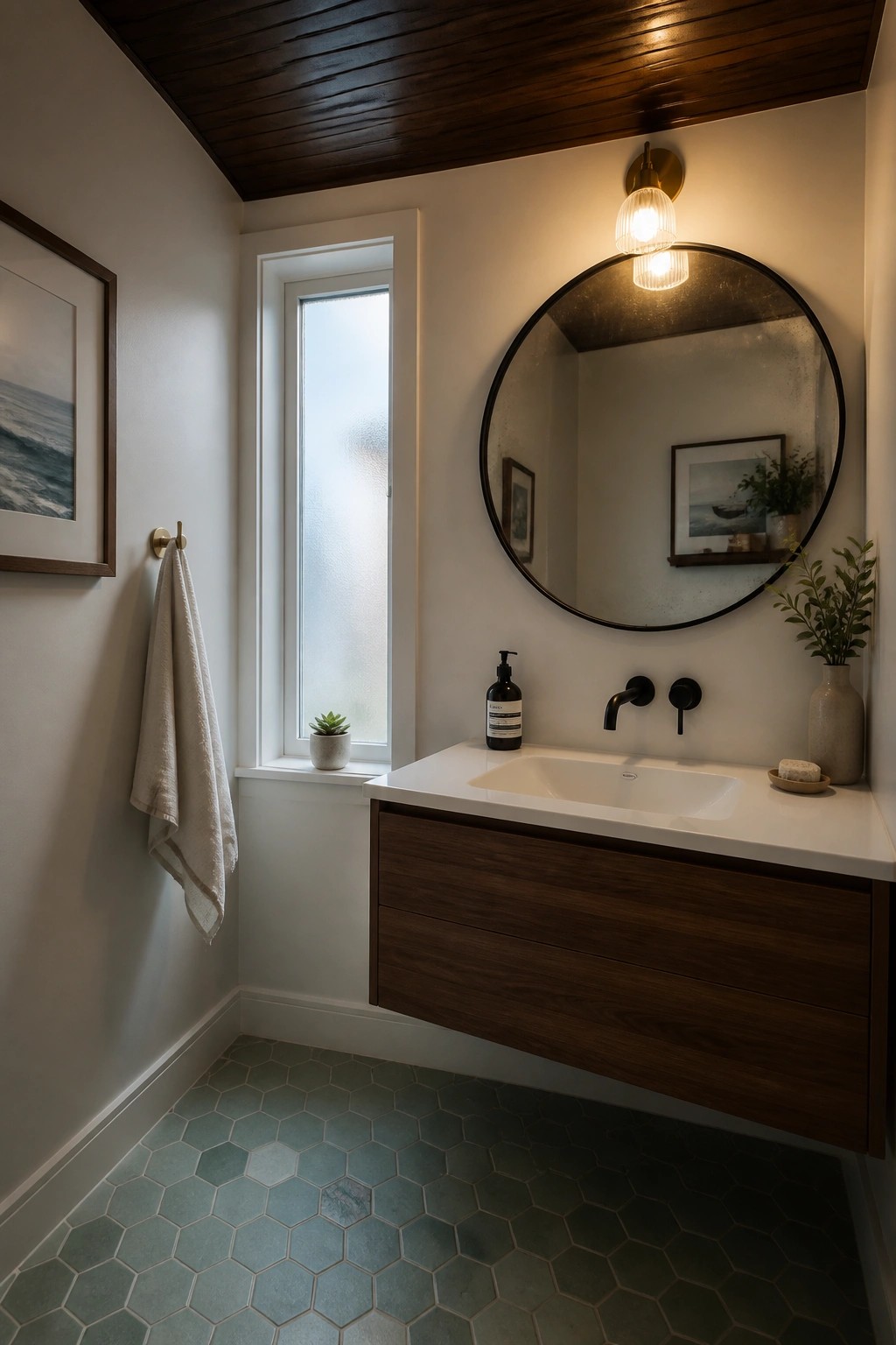 A bathroom interior with a dark wood ceiling, white walls, a narrow window, a floating wood vanity with white countertop, and a round mirror above the sink.