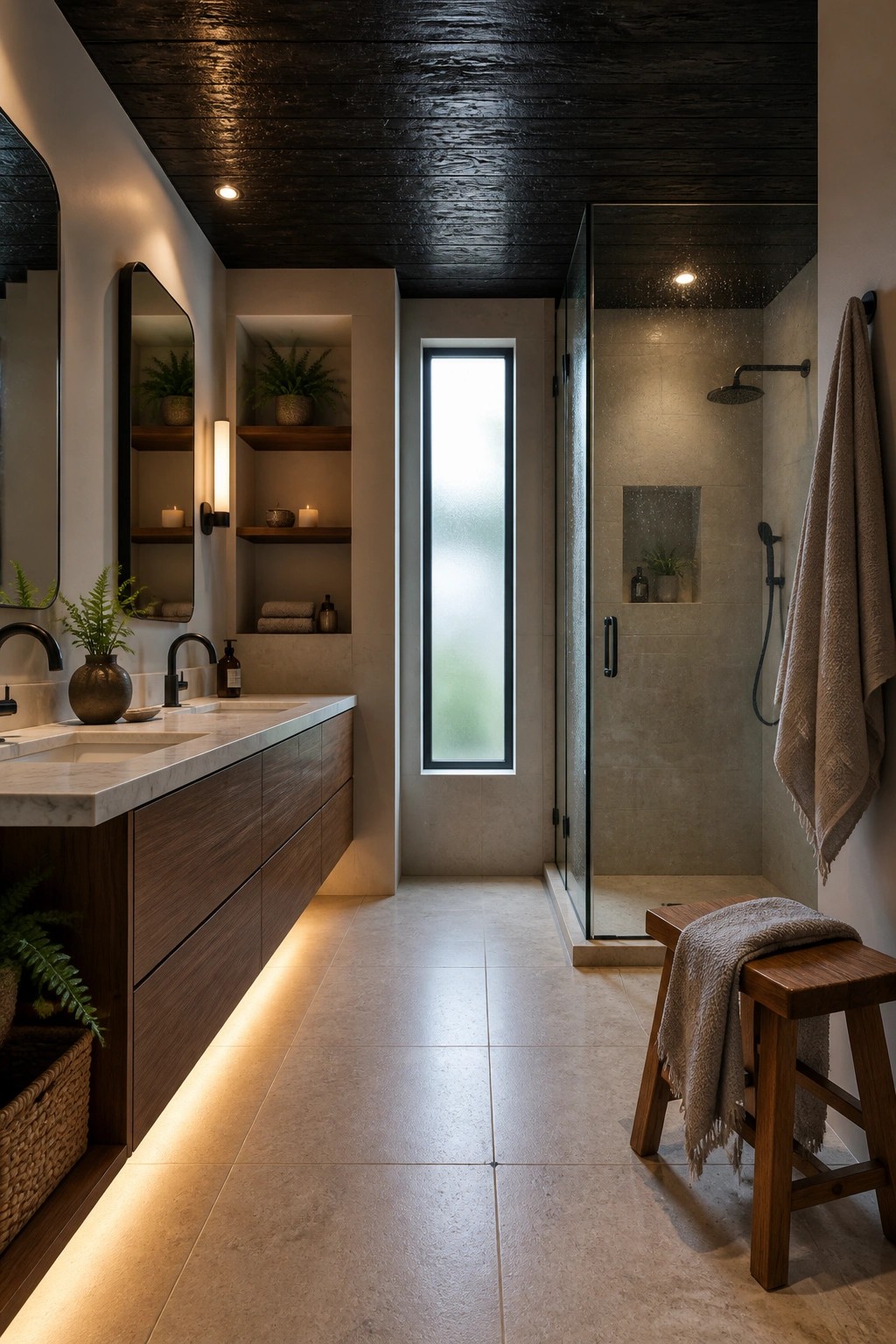 A modern bathroom with a dark wood ceiling, light stone floor and walls, a long wood vanity with marble top, and a glass shower enclosure.