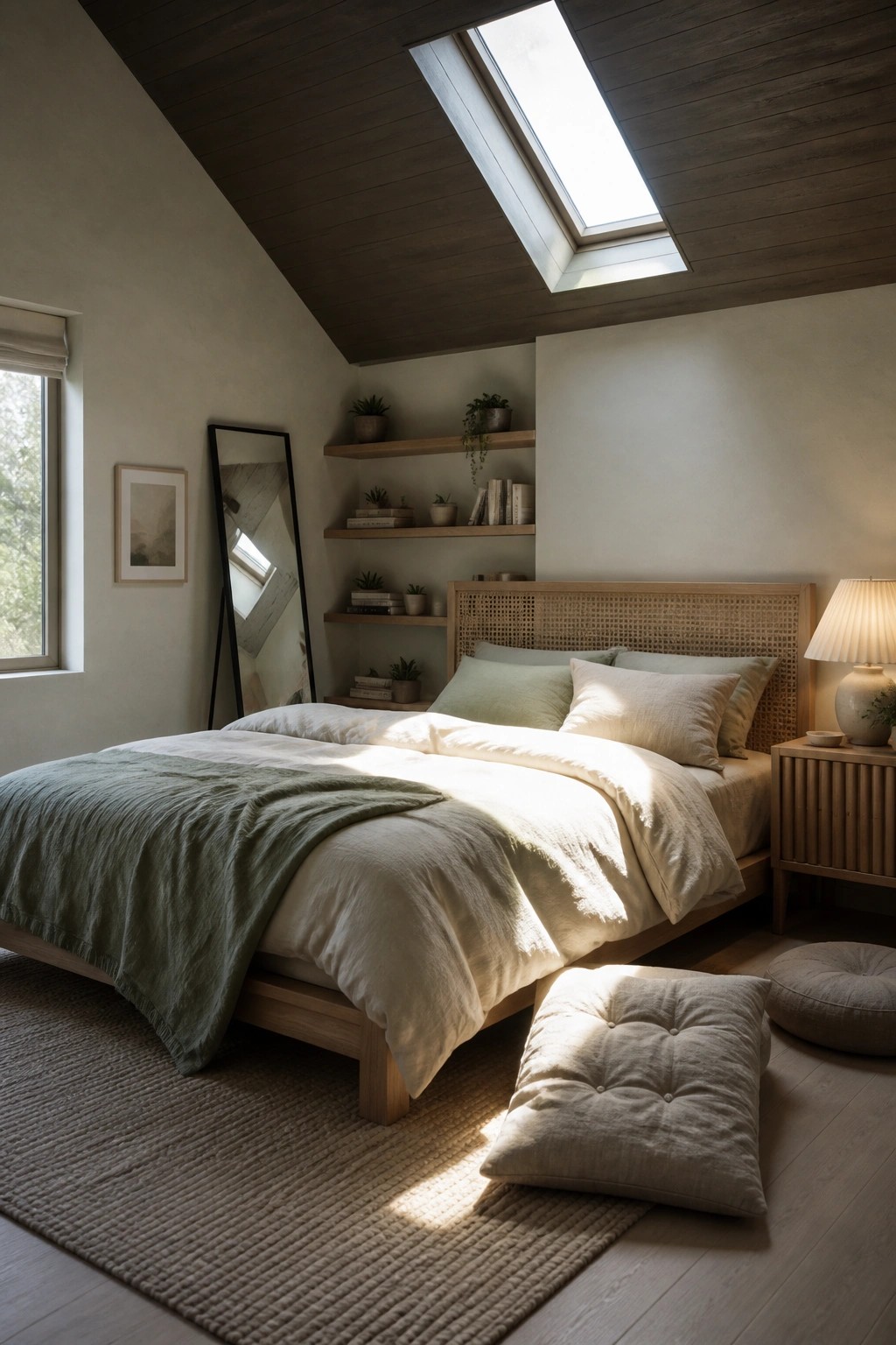 A bedroom with a dark wood sloped ceiling, skylight, bed with white and green bedding, wooden headboard, and light walls.