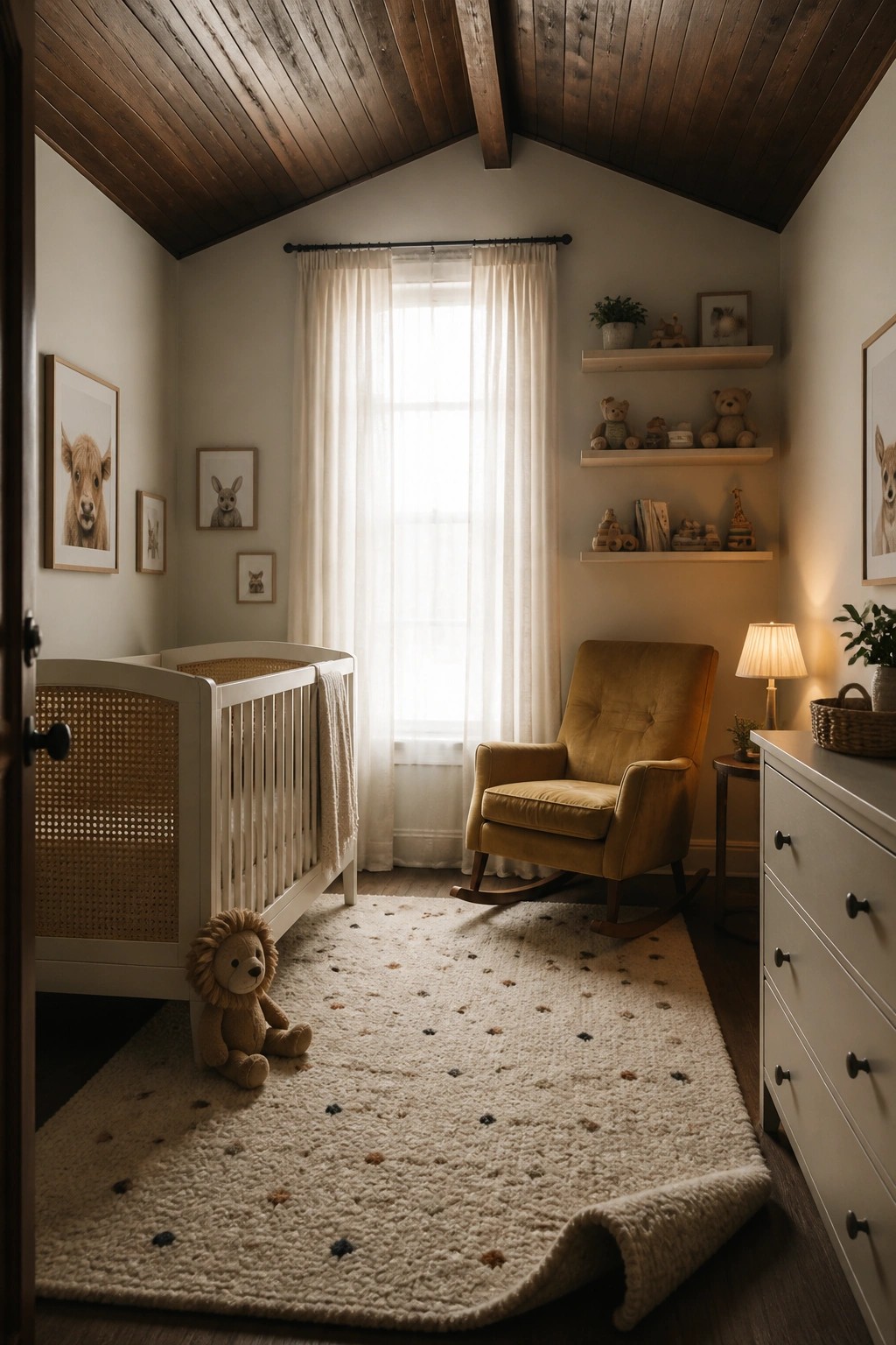 Cozy nursery with white crib, mustard rocking chair, fluffy rug, and toy shelves