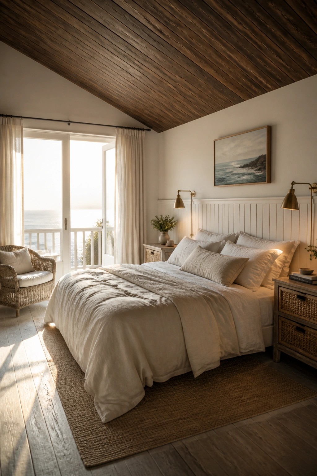 A bedroom featuring a dark wood ceiling, white walls with wainscoting, a large bed with white linens, and glass doors leading to a balcony overlooking the ocean.