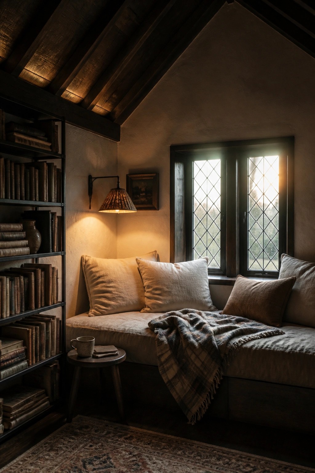 A cozy attic nook with a dark wood ceiling, built-in bookshelves on the left, a cushioned window seat with pillows and a plaid blanket, a small side table holding a mug, and a window with diamond-patterned glass letting in warm light.
