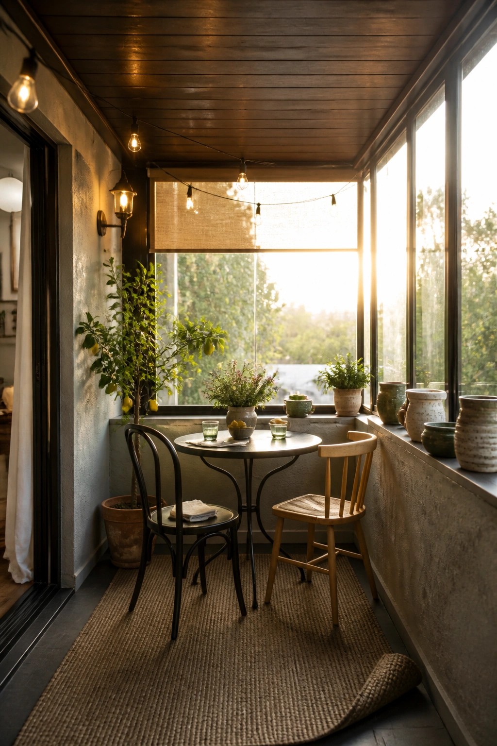 A covered outdoor seating area with a dark wood ceiling, string lights, a round table with two chairs on a woven rug, and potted plants along a windowsill overlooking trees.