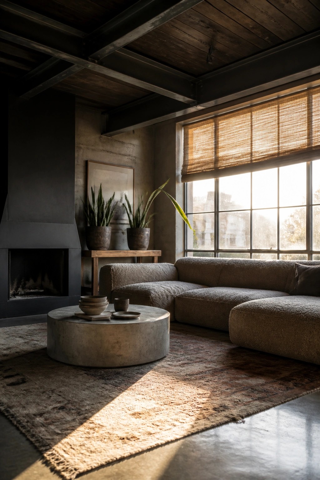 Interior of a living room with exposed dark wood ceiling beams, concrete walls, a black metal fireplace, a large gray sectional sofa, a round concrete coffee table, and a wide window with woven blinds.