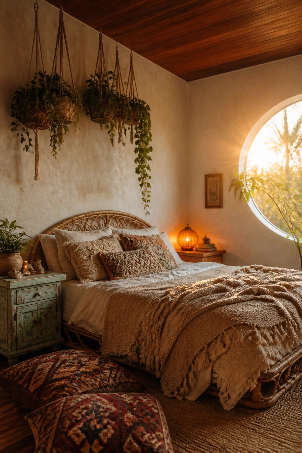 A bedroom interior featuring a dark wood plank ceiling, light textured walls, a rattan bed with neutral linens, hanging plants, and a large circular window.