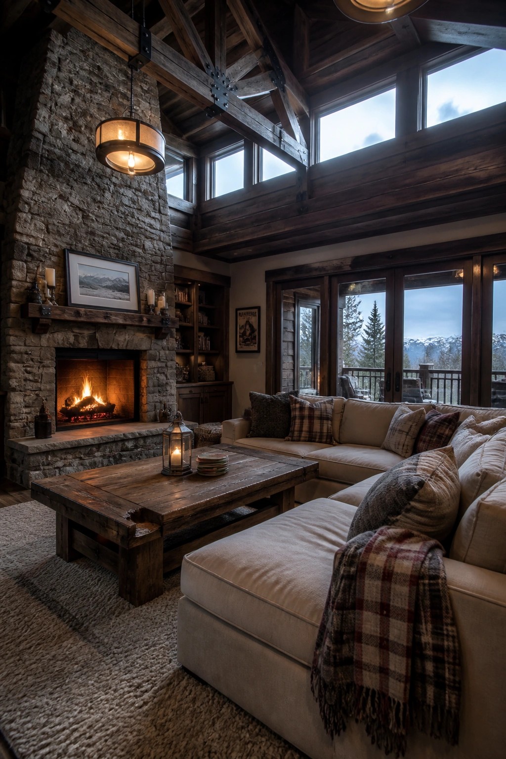 A living room interior with a vaulted ceiling of dark wood beams, a stone fireplace on the left, and a large sectional sofa with plaid pillows in front of tall windows.