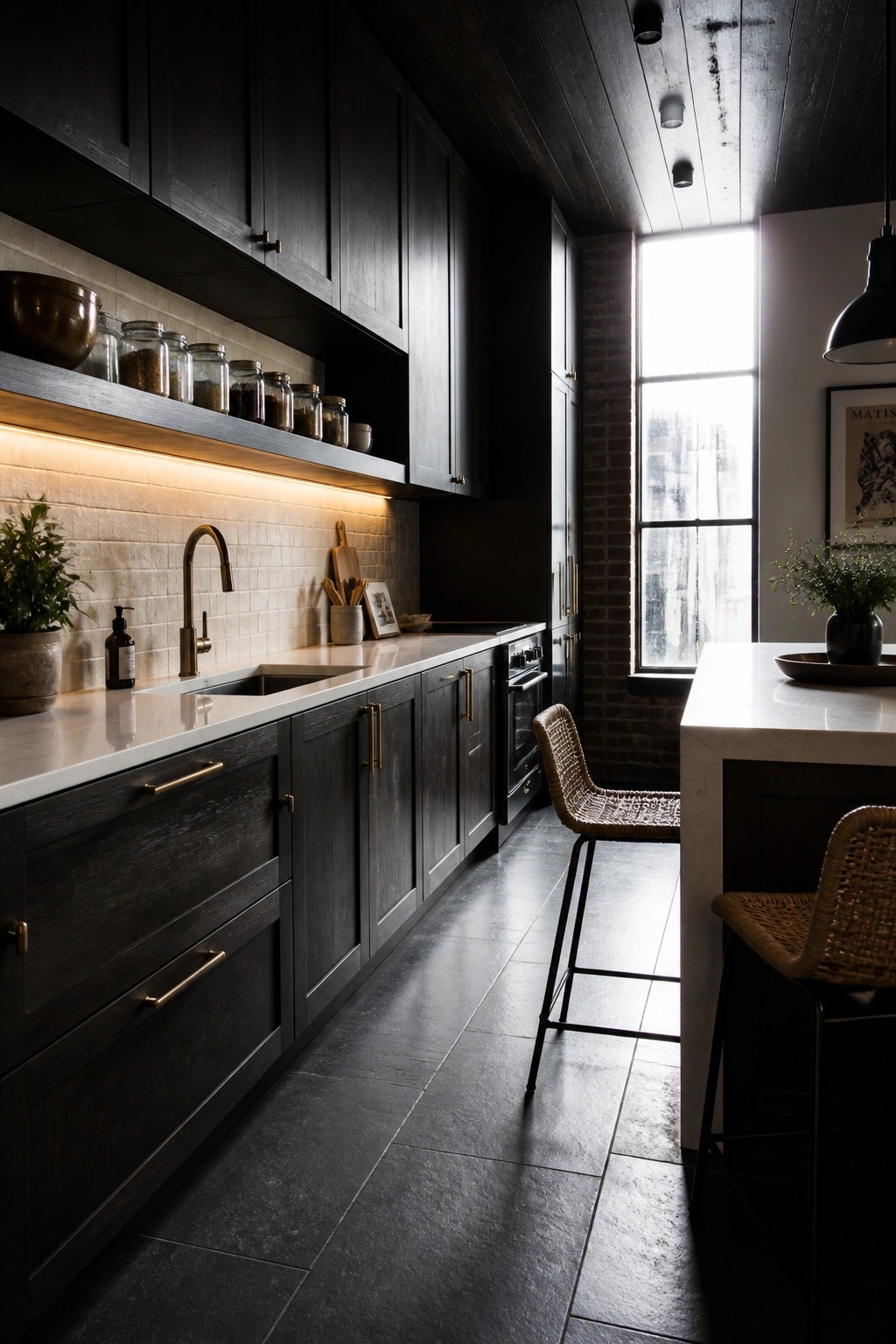 A kitchen interior featuring dark wood cabinets, a dark wood ceiling, white countertops, and a large window with natural light.
