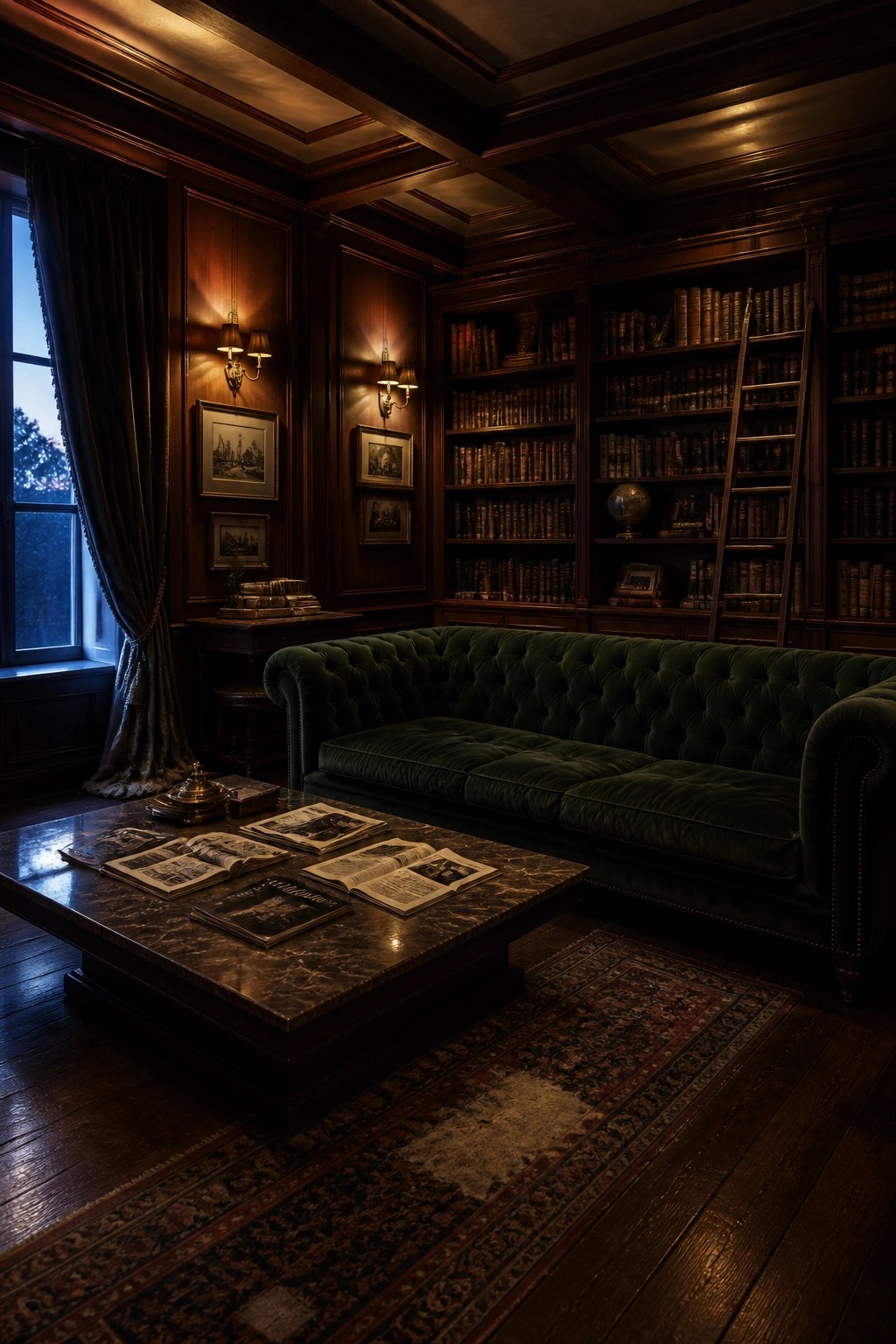 A traditional library with dark wood paneling, coffered ceiling, built-in bookshelves, green velvet sofa, and marble coffee table with open books.