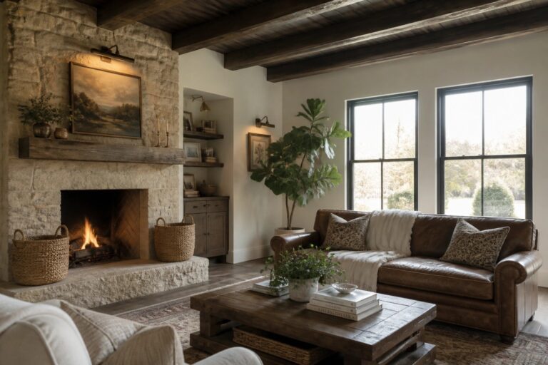 A living room with dark wood ceiling beams, a stone fireplace, and a brown leather sofa.