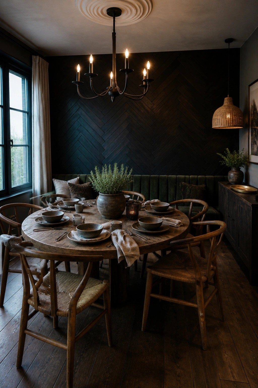 A dining room featuring a round wooden table set with dishes and a dark herringbone wood paneled accent wall behind a green upholstered banquette.