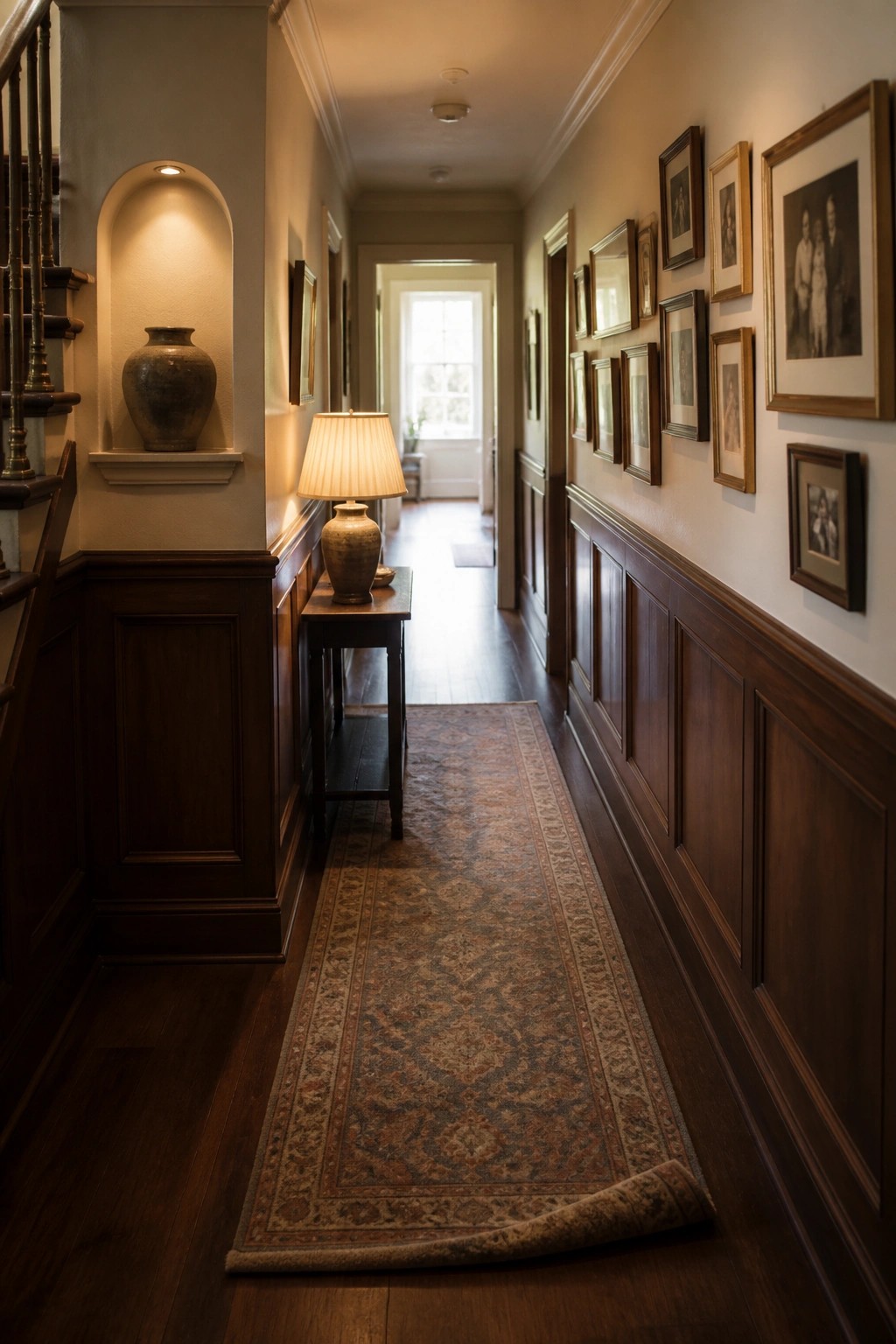 Long hallway with dark wood paneling, gallery wall, lit lamp, and curled runner rug.