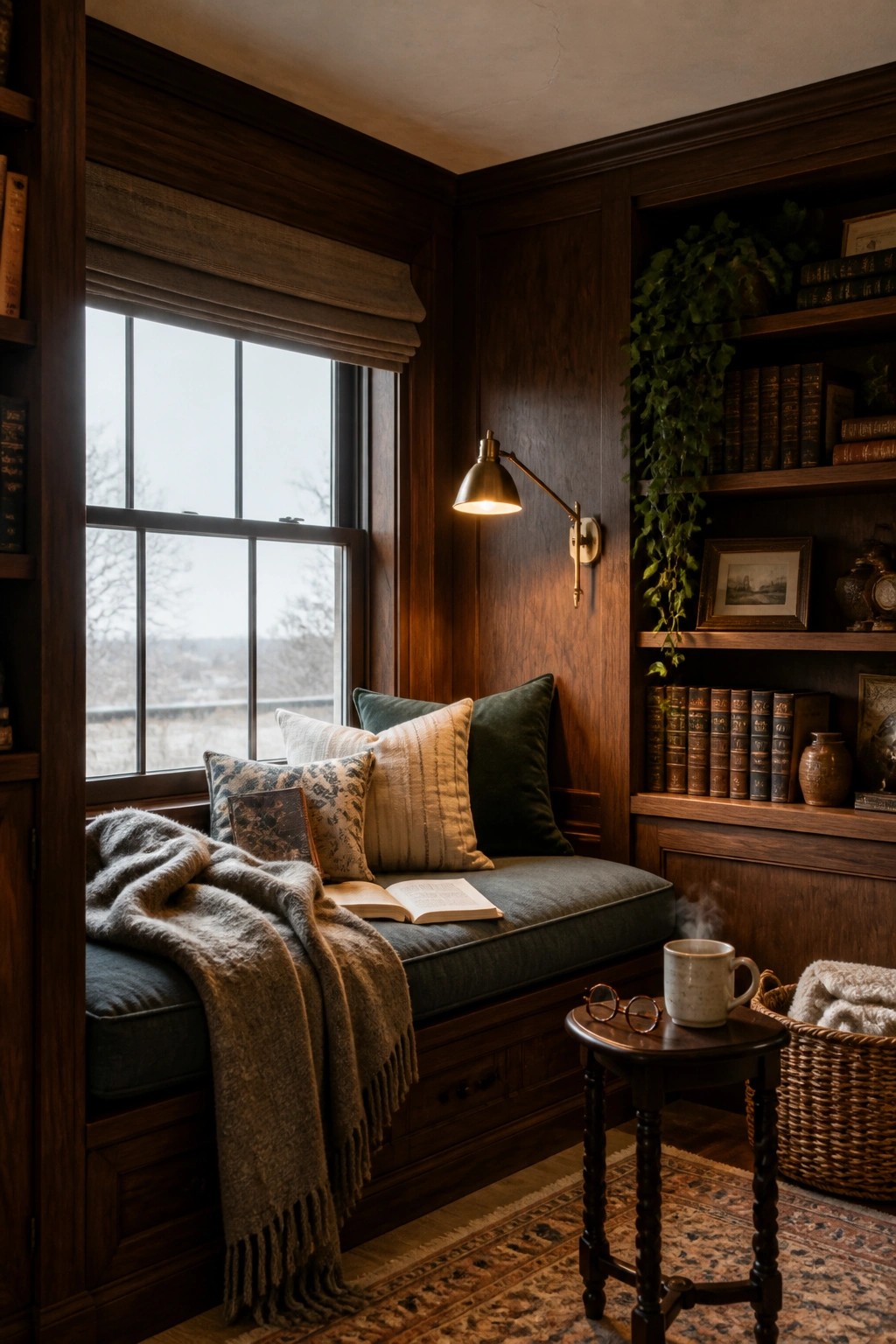 A window seat nook lined with dark wood paneling, featuring a blue cushion, pillows, an open book, a wall sconce, and adjacent built-in bookshelves with plants and books.
