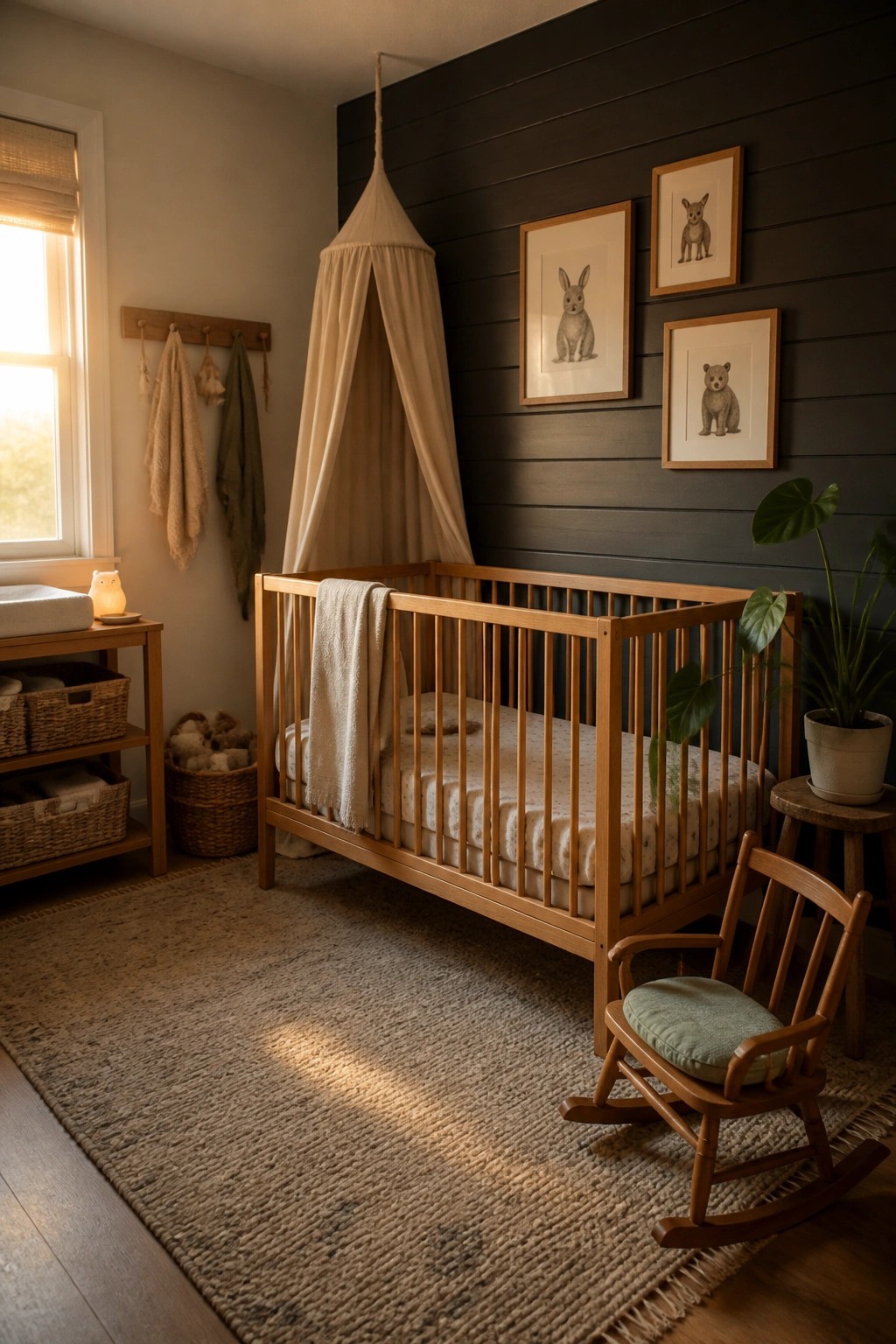 A nursery featuring a wooden crib with canopy, rocking chair, and dark horizontal wood paneling on the accent wall with framed animal prints.
