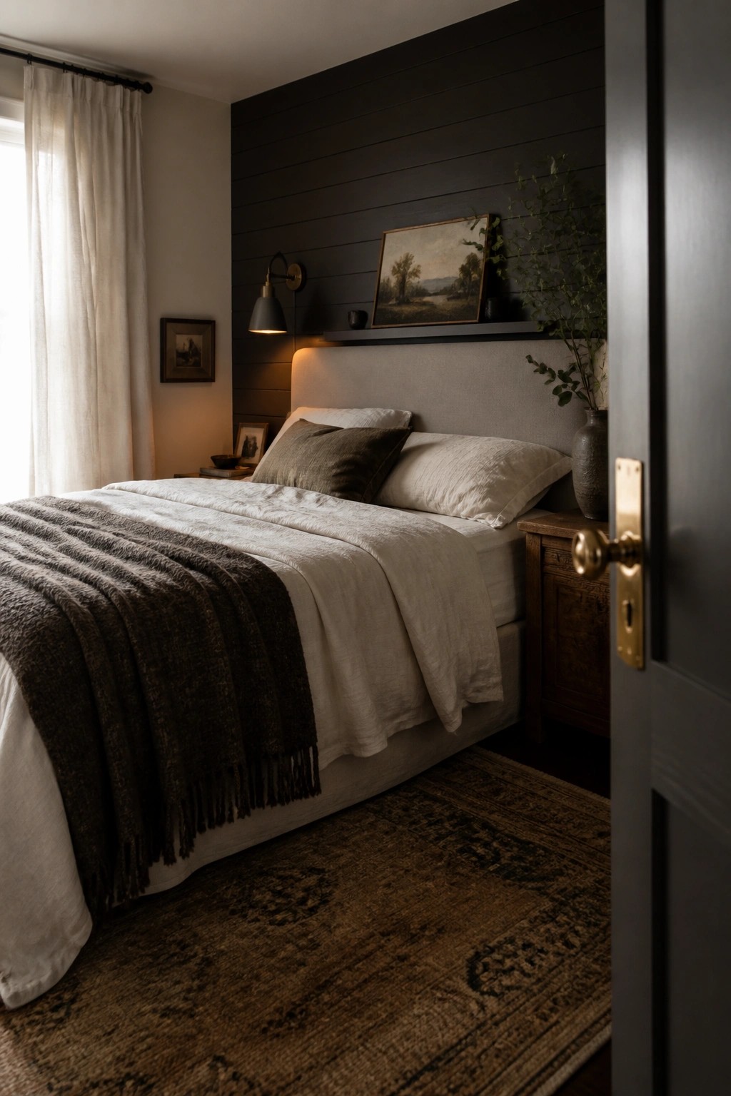 A bedroom with dark vertical wood paneling behind a bed with white and gray bedding, a wooden nightstand, and a large patterned rug on the floor.
