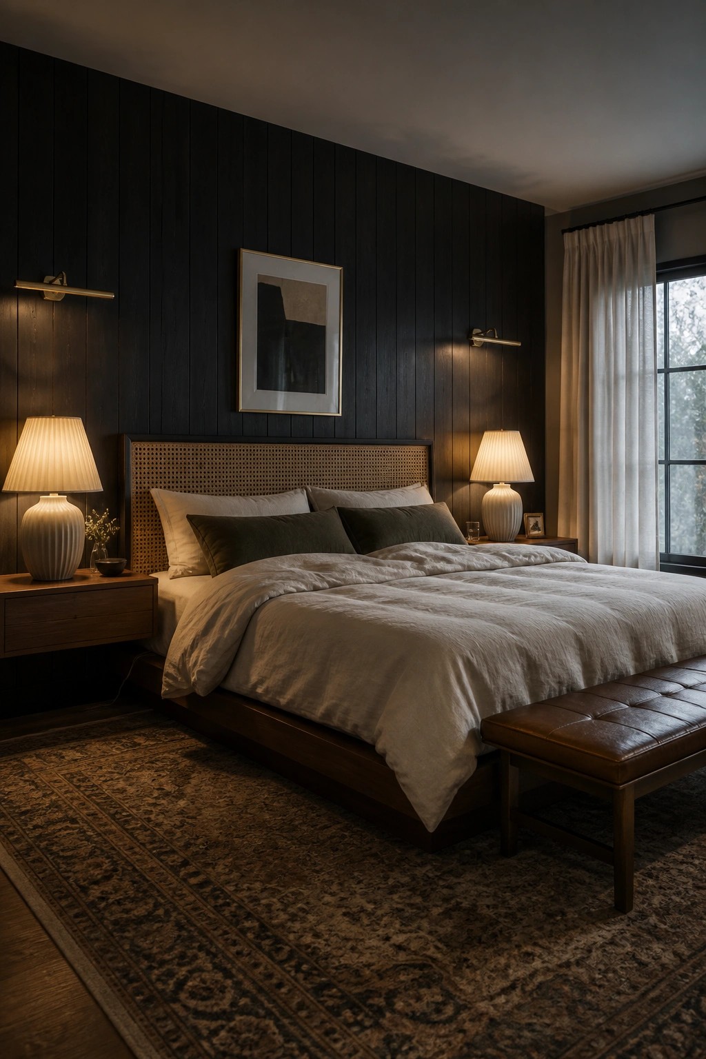 A bedroom featuring a bed with neutral bedding against a dark vertical wood paneled accent wall, flanked by wooden nightstands with lit lamps.