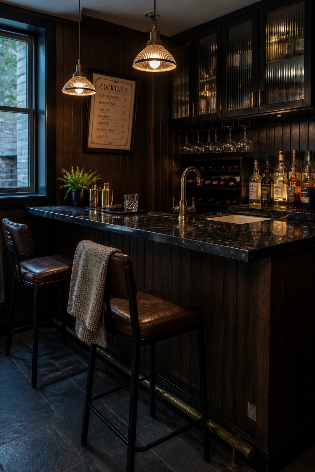 A home bar with dark wood paneling on the walls and bar front, a black marble countertop, two leather bar stools, and brass pendant lights overhead.
