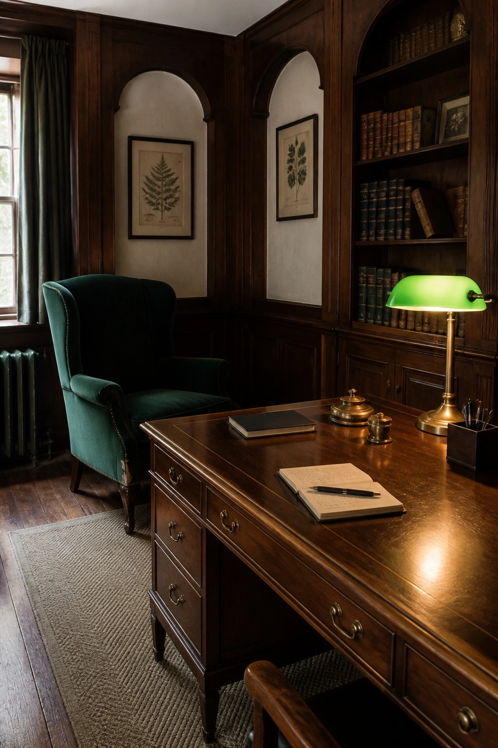 A home office featuring dark wood paneling on the walls, built-in bookshelves, a large wooden desk with a green desk lamp, and a green upholstered armchair.
