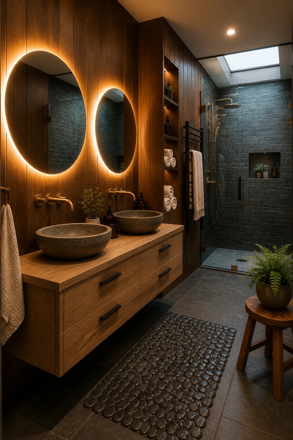 A bathroom with dark vertical wood paneling on the walls, two round illuminated mirrors above a floating wood vanity with stone vessel sinks, and a glass shower enclosure with dark tile.