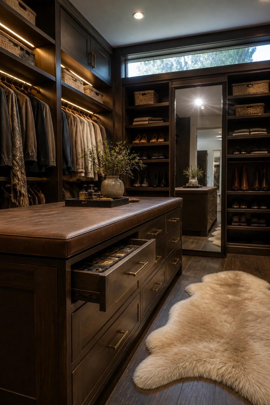 Dark wood walk-in closet with leather island, open jewelry drawer, and sheepskin rug.