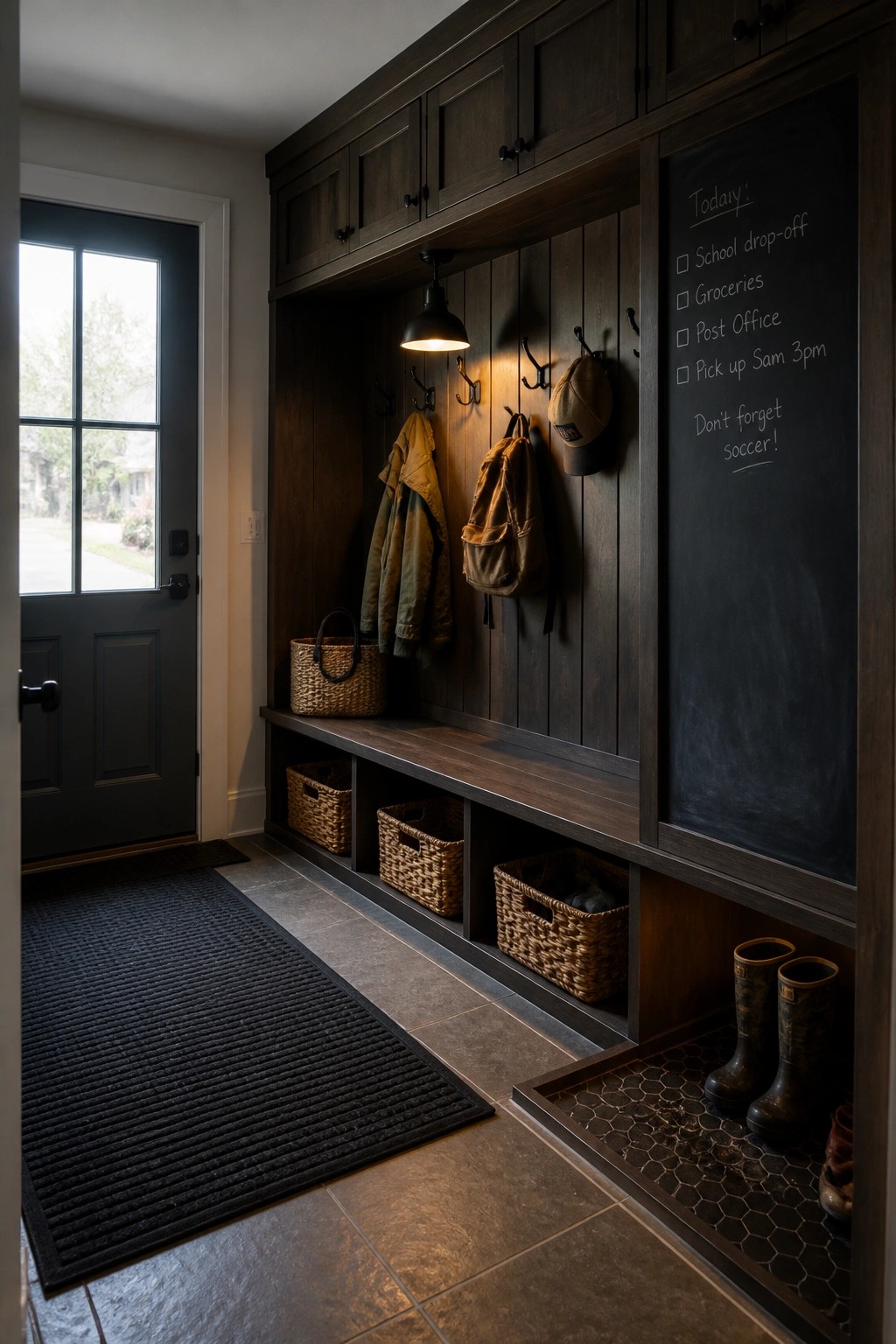 Dark wood mudroom with bench, baskets, jacket, backpack, chalkboard list, and boots.