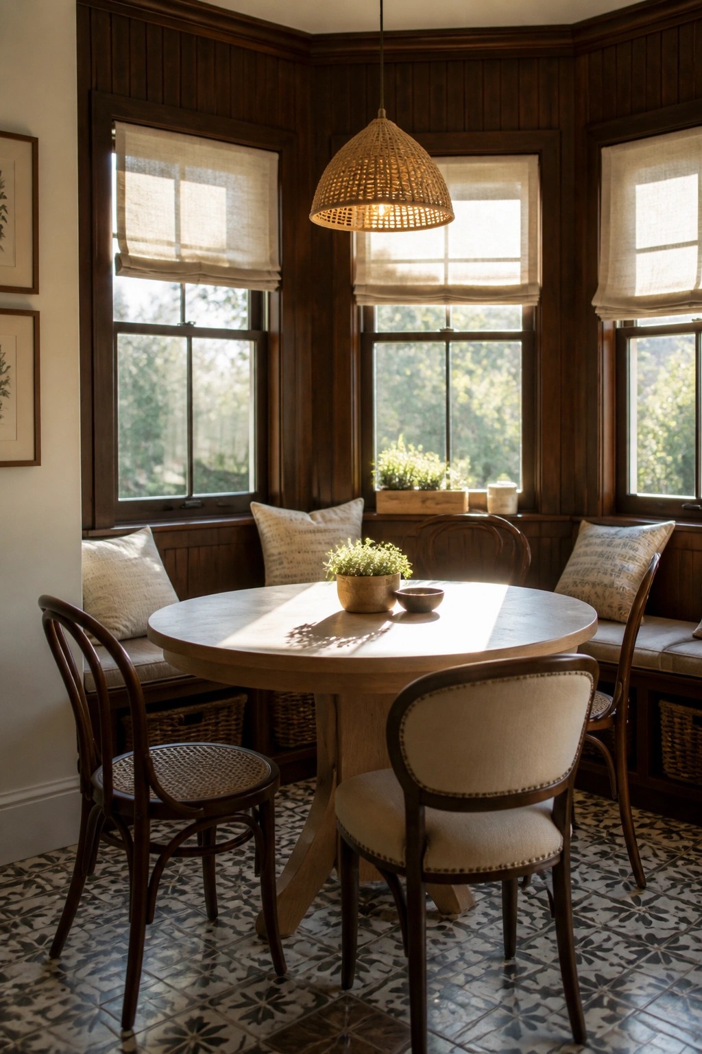 Round wooden table in sunlit nook with woven pendant light and cushioned benches.